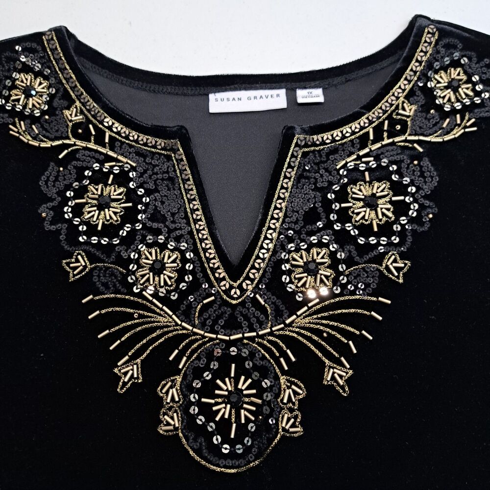 Susan Graver Embellished Beaded 3/4 Sleeve Velvet Black Women's XL Top - Picture 8 of 8